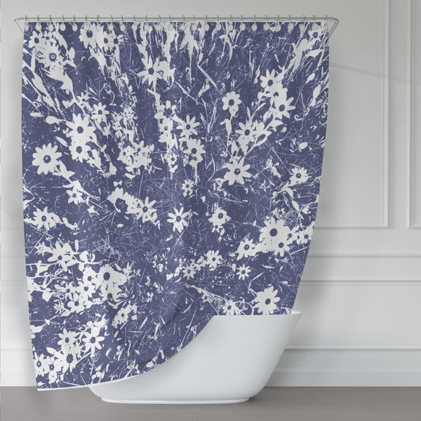 Navy Blue and White Daisy Wildflower Meadow Shower Curtain