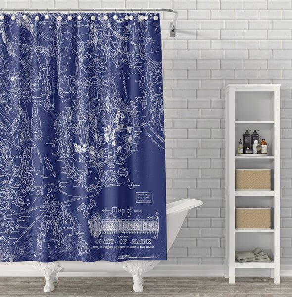 Blue & White Acadia National Park Vintage Maine Map Shower Curtain - Metro Shower Curtains