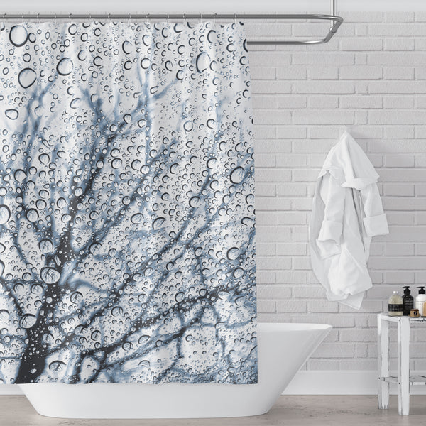 Slate Blue Tree with Raindrops Print Shower Curtain - Metro Shower Curtains