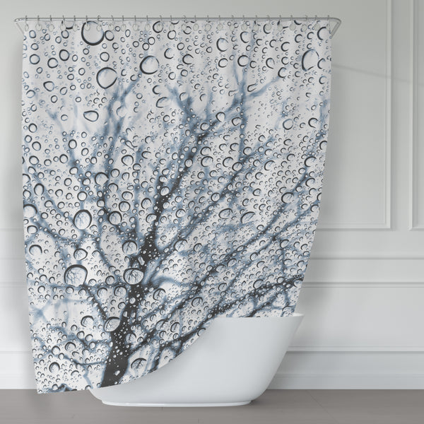 Slate Blue Tree with Raindrops Print Shower Curtain - Metro Shower Curtains