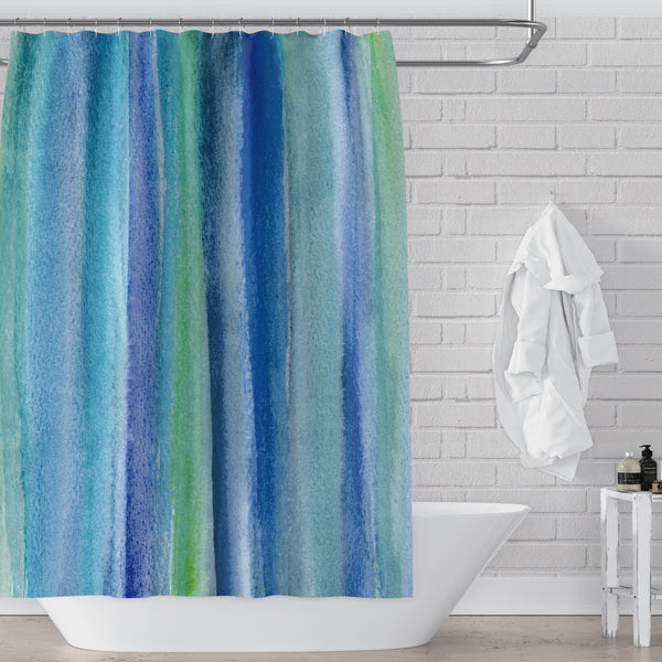 Underwater Blue Green Watercolor Reeds / Stripes Shower Curtain - Metro Shower Curtains