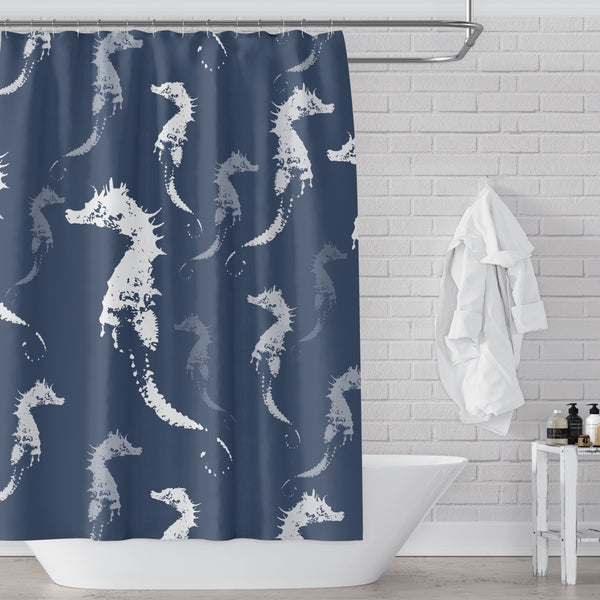 Seahorse Shower Curtain - Slate Blue Gray and White for Beach or Boys Bathroom - Metro Shower Curtains