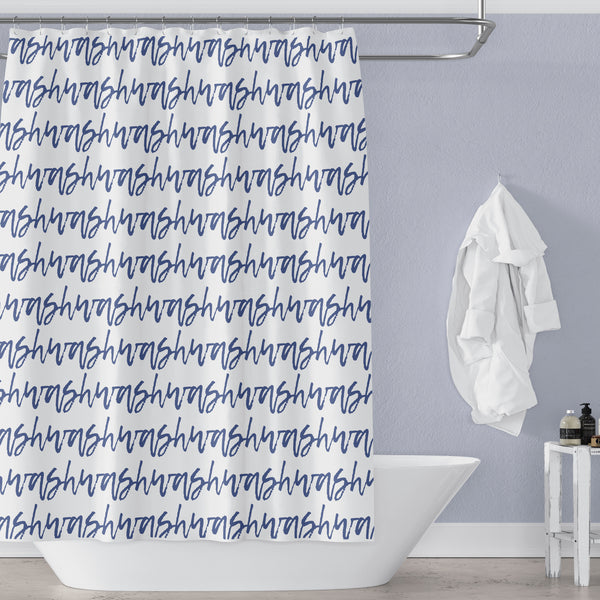 Blue and White "Wash" Cursive Text Stripes Shower Curtain - Metro Shower Curtains
