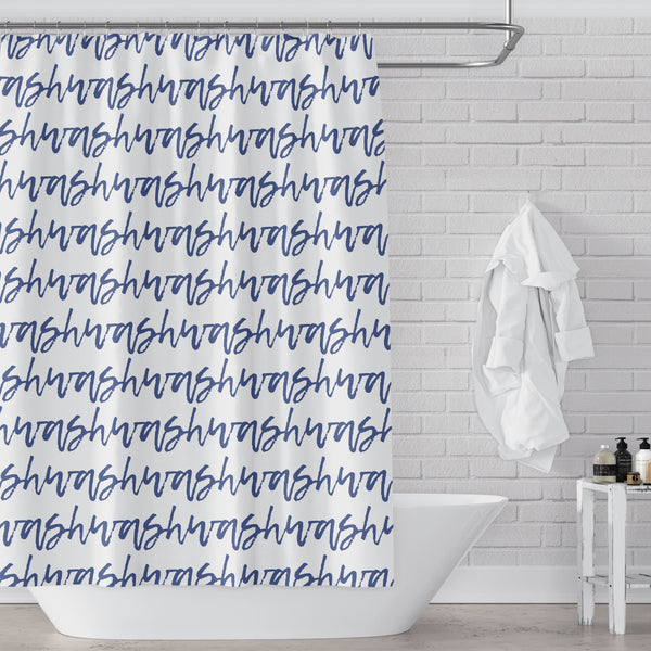 Blue and White "Wash" Cursive Text Stripes Shower Curtain - Metro Shower Curtains