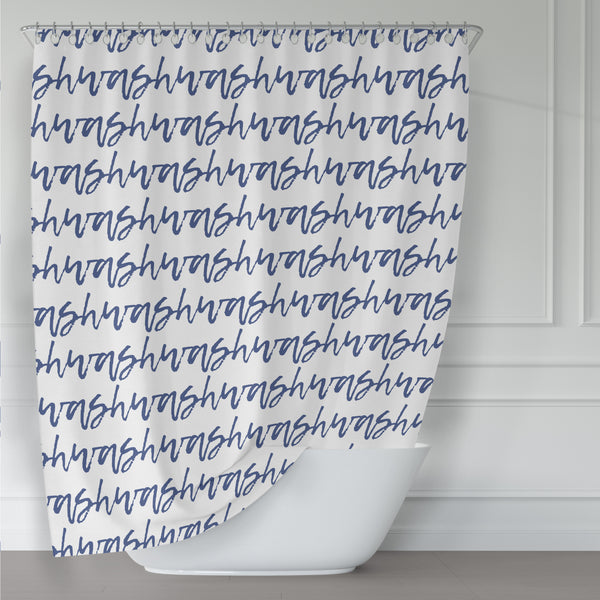 Blue and White "Wash" Cursive Text Stripes Shower Curtain - Metro Shower Curtains
