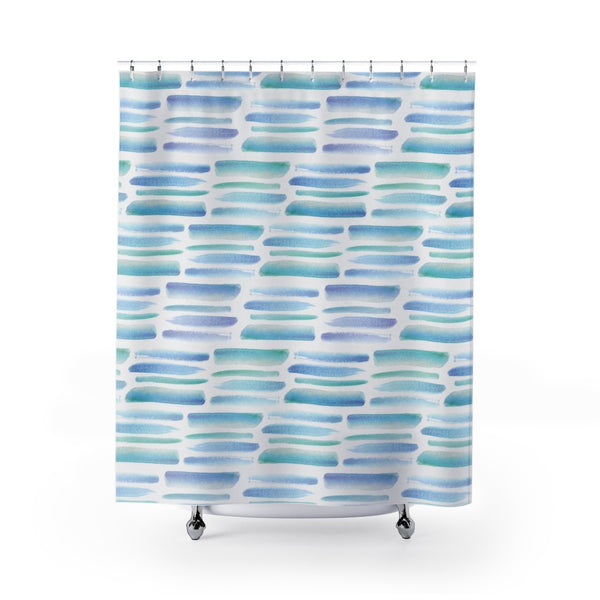 Light Blue Green & Teal Tropical Vibe Watercolor Brush Stroke Pattern Printed Fun / Mod Fabric Shower Curtain - Metro Shower Curtains