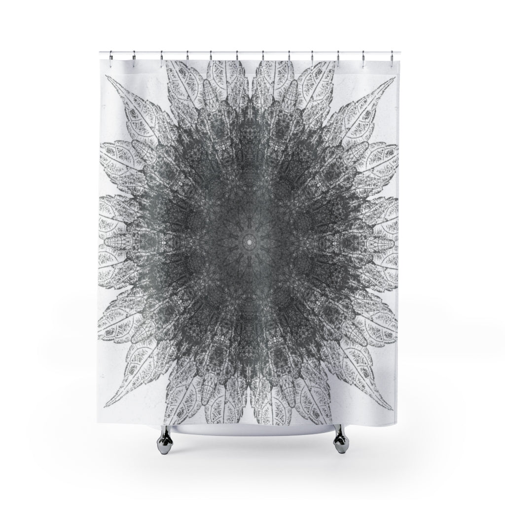 Charcoal Gray and White Spinning Leaves Mandala Shower Curtain Metro