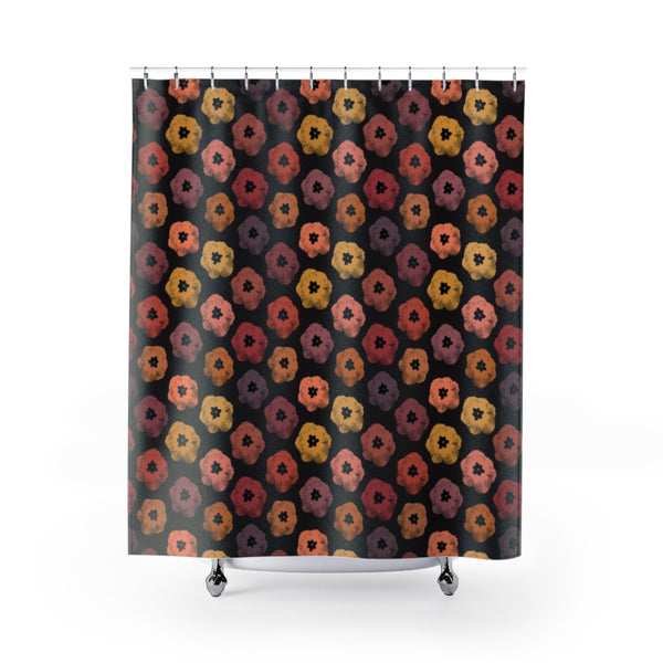 Floral Earth Tones: Poster-Style Tulips in Warm Shades of Orange and Red on Black Shower Curtain - Metro Shower Curtains