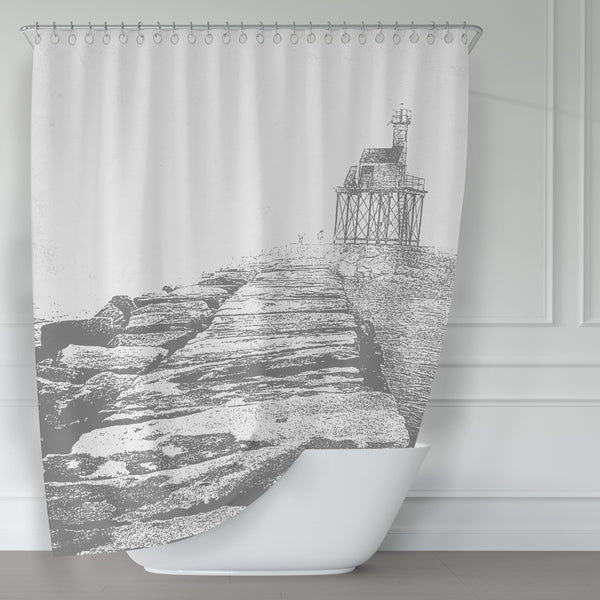 Foggy Coastal Gloucester Breakwater Gray and White Shower Curtain - Metro Shower Curtains