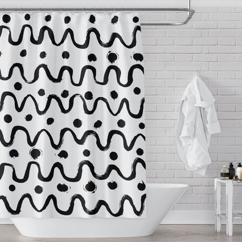 Black on White Scandi Large-Scale Loose Dots & Squiggles Mod Print Shower Curtain - Metro Shower Curtains