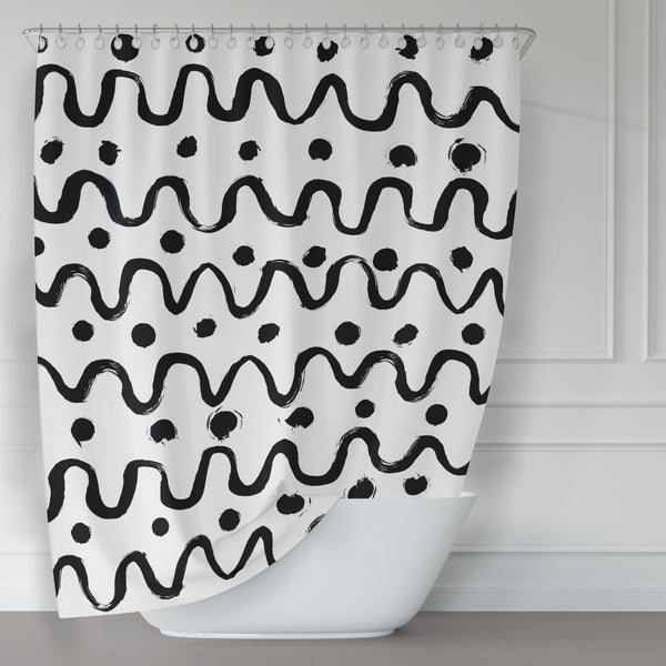 Black on White Scandi Large-Scale Loose Dots & Squiggles Mod Print Shower Curtain - Metro Shower Curtains