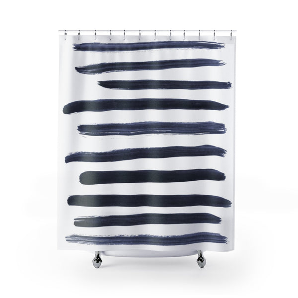 Navy Blue on White Minimalist Brush Stroke Stripes Shower Curtain