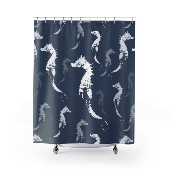 Seahorse Shower Curtain - Slate Blue Gray and White for Beach or Boys Bathroom - Metro Shower Curtains