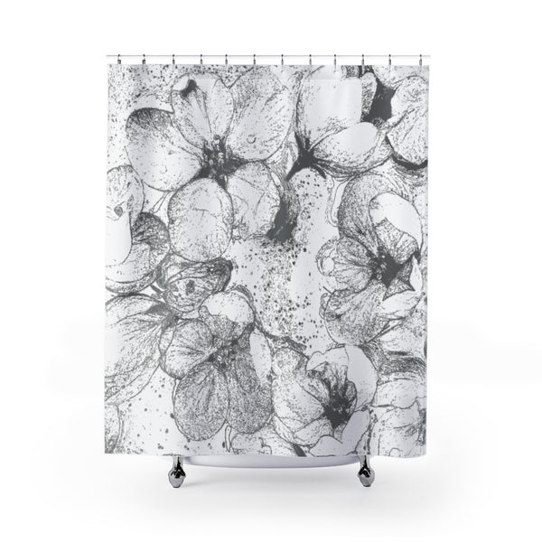 Apple Blossom Shower Curtain, Large-Scale, Gray Sketch Style - Metro Shower Curtains