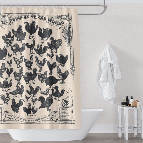 Farmhouse Chicken Vintage Print Beige on Cream Shower Curtain - Metro Shower Curtains