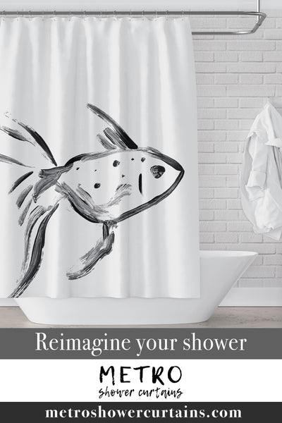 One Fish Shower Curtain:  Black and White Ink Sketch