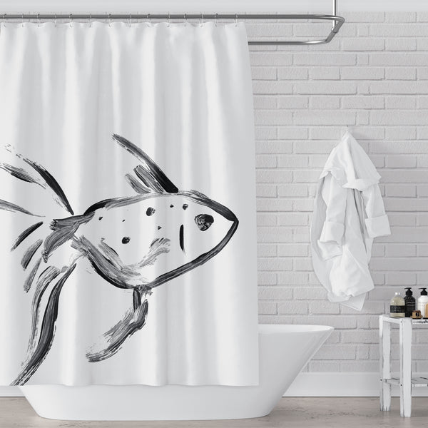 One Fish Shower Curtain:  Black and White Ink Sketch