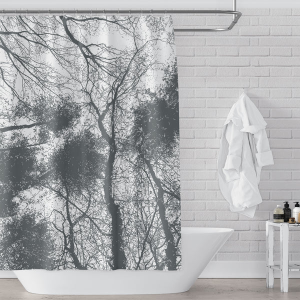 Forest Trees Canopy View Gray on White Silhouette Shower Curtain