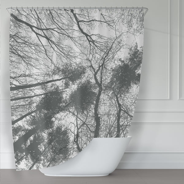 Forest Trees Canopy View Gray on White Silhouette Shower Curtain