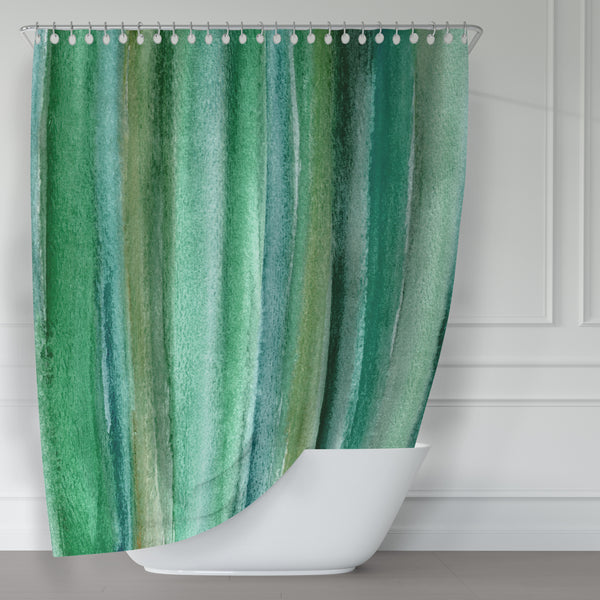 Emerald Green Watercolor Stripes Rich Briliant Color Fabric Shower Curtain - Metro Shower Curtains