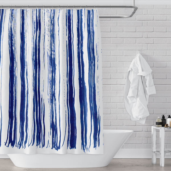Indigo Dry Brush Stripes on Clean White Shower Curtain, Abstract Contemporary Watercolor Art - Metro Shower Curtains