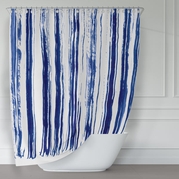 Indigo Dry Brush Stripes on Clean White Shower Curtain, Abstract Contemporary Watercolor Art - Metro Shower Curtains