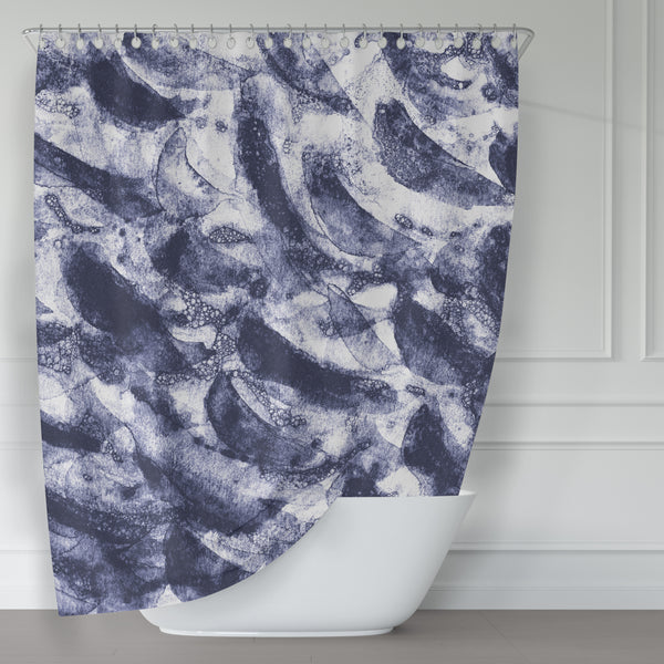 Dark Watercolor Waves in Navy Blue Coastal Art Shower Curtain - Metro Shower Curtains