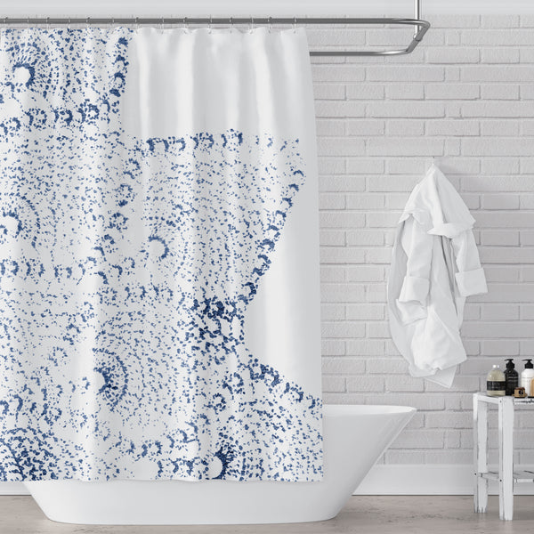 Navy Blue and White Lace Print Shower Curtain - Metro Shower Curtains