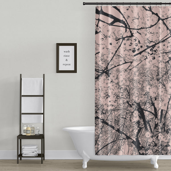 Tree in Bloom / Cherry Blossom Woodblock-Style Art Print in Soft Pink and Black Shower Curtain - Metro Shower Curtains