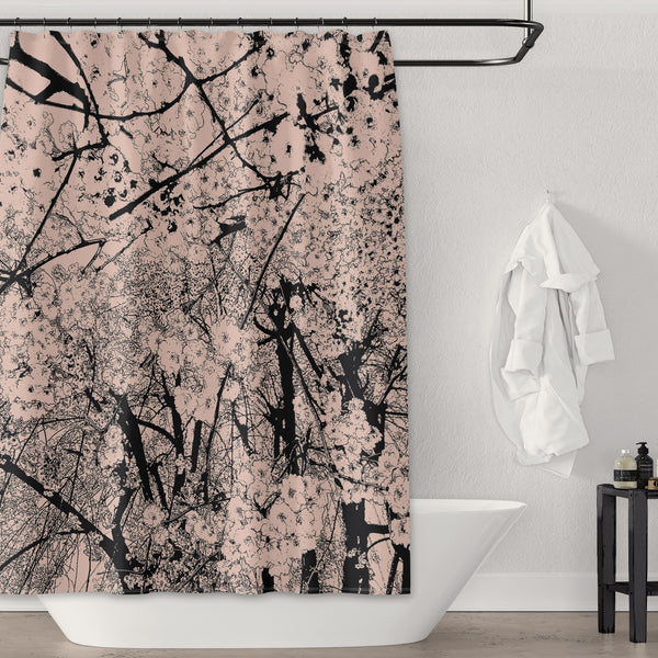 Tree in Bloom / Cherry Blossom Woodblock-Style Art Print in Soft Pink and Black Shower Curtain - Metro Shower Curtains