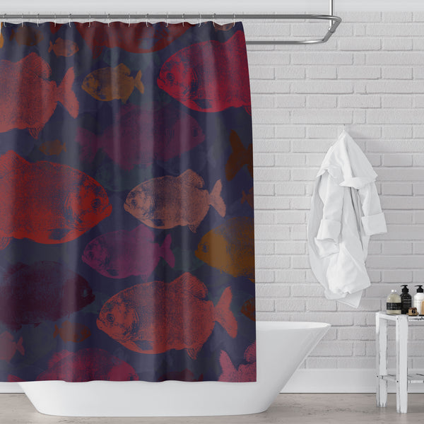 Red Piranha Shower Curtain / Reds & Navy Blue - Metro Shower Curtains