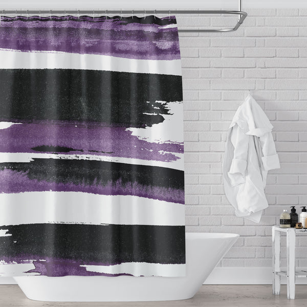 Bold Purple and Black Watercolor Stripes Mod Art Print Fabric Shower Curtain