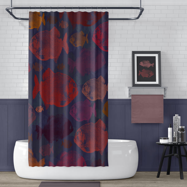 Red Piranha Shower Curtain / Reds & Navy Blue - Metro Shower Curtains