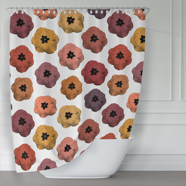 Retro Pop Art Tulip Print Shower Curtain in Reds, Oranges, Pinks, Yellows and Purples - Metro Shower Curtains