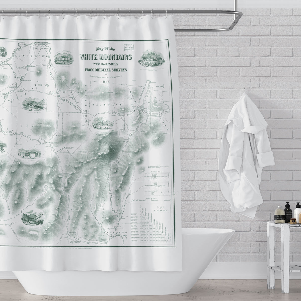 New Hampshire s White Mountains Vintage Map Shower Curtain Green
