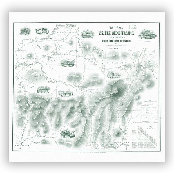 New Hampshire's White Mountains Vintage Map Shower Curtain, Green on White - Metro Shower Curtains