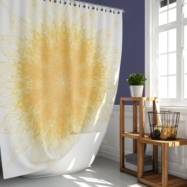 Yellow Leaves Mandala Print, Sunny Starburst Pattern Shower Curtain - Metro Shower Curtains