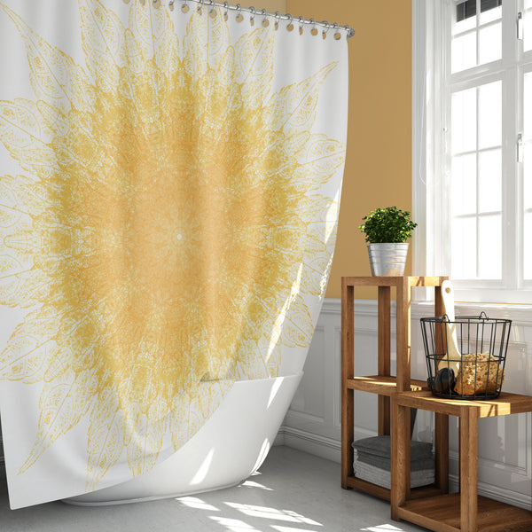 Yellow Leaves Mandala Print, Sunny Starburst Pattern Shower Curtain - Metro Shower Curtains