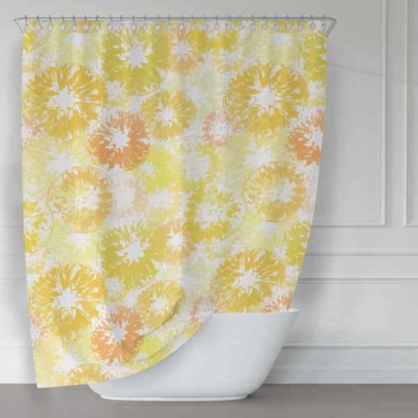 Sunny Yellow Lemon & Orange on White Citrus Print Shower Curtain - Metro Shower Curtains