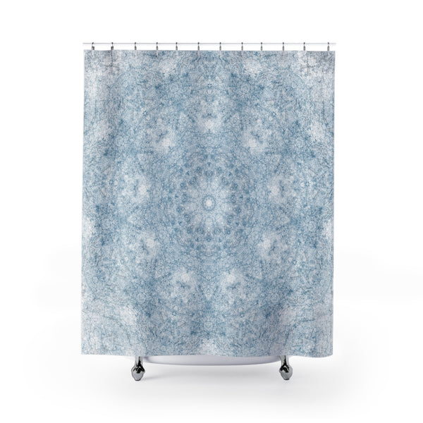 Blue and White Textured Mandala Pattern Shower Curtain for a Clean Rustic Bathroom