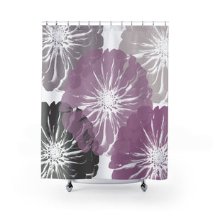 Pink and Gray Zinnia Giant Flowers Shower Curtain Modern Art Print on White