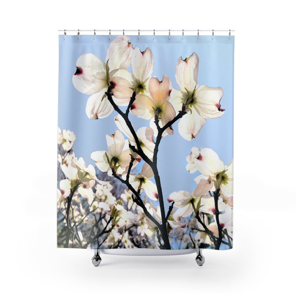 Blush Pink Dogwood Flowers Shower Curtain, With Clear Blue Sky