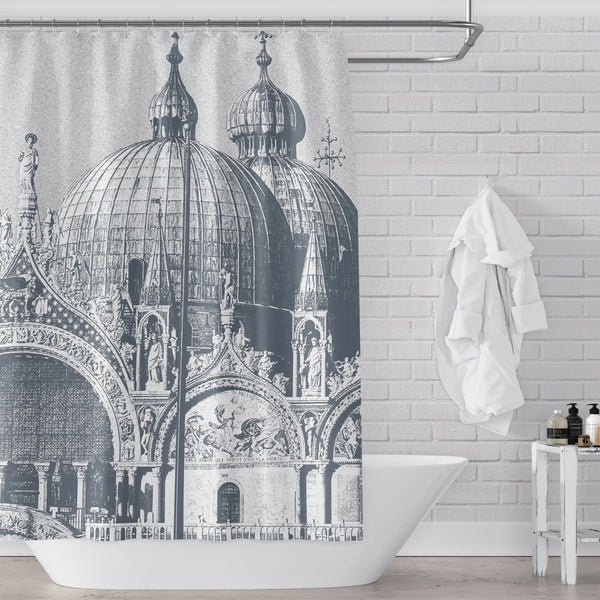 San Marco Venice Shower Curtain – Architectural Elegance in Monochrome Neutral Slate Gray & White