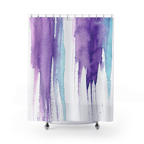 Magenta Purple and Sky Blue on White Watercolor Giant Drip Art Shower Curtain