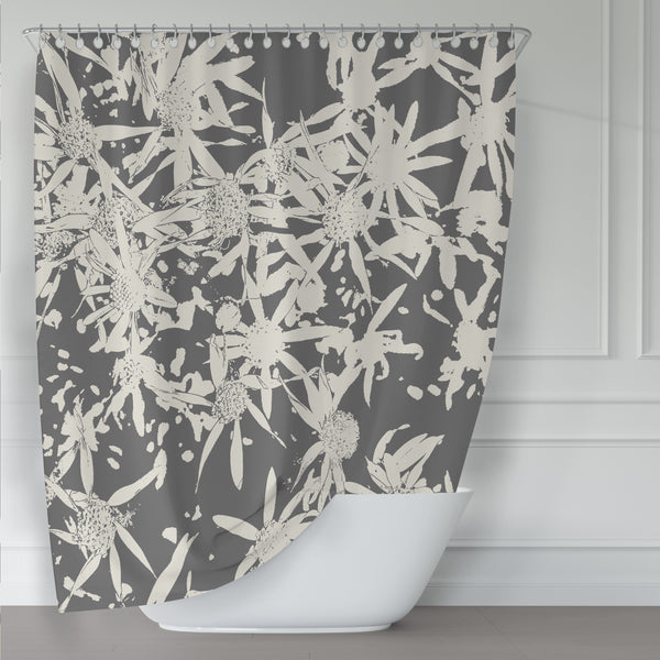 Sepia / Charcoal and Beige Asters Flower Shower Curtain