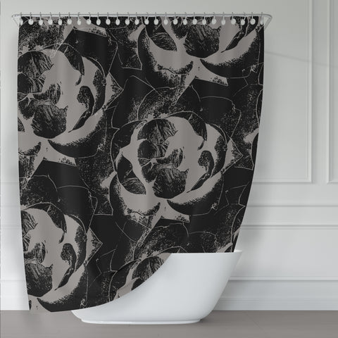 Black and Gray Fabric Shower Curtain - Giant Pop Art Roses Lino Print Style for Bold Decor