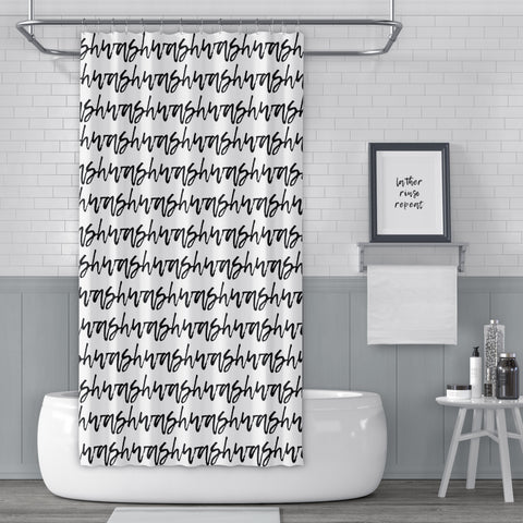 Cursive Text "Wash" Stripes in Black on White Shower Curtain in a Repeating Pattern