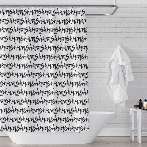 Cursive Text "Wash" Stripes in Black on White Shower Curtain in a Repeating Pattern