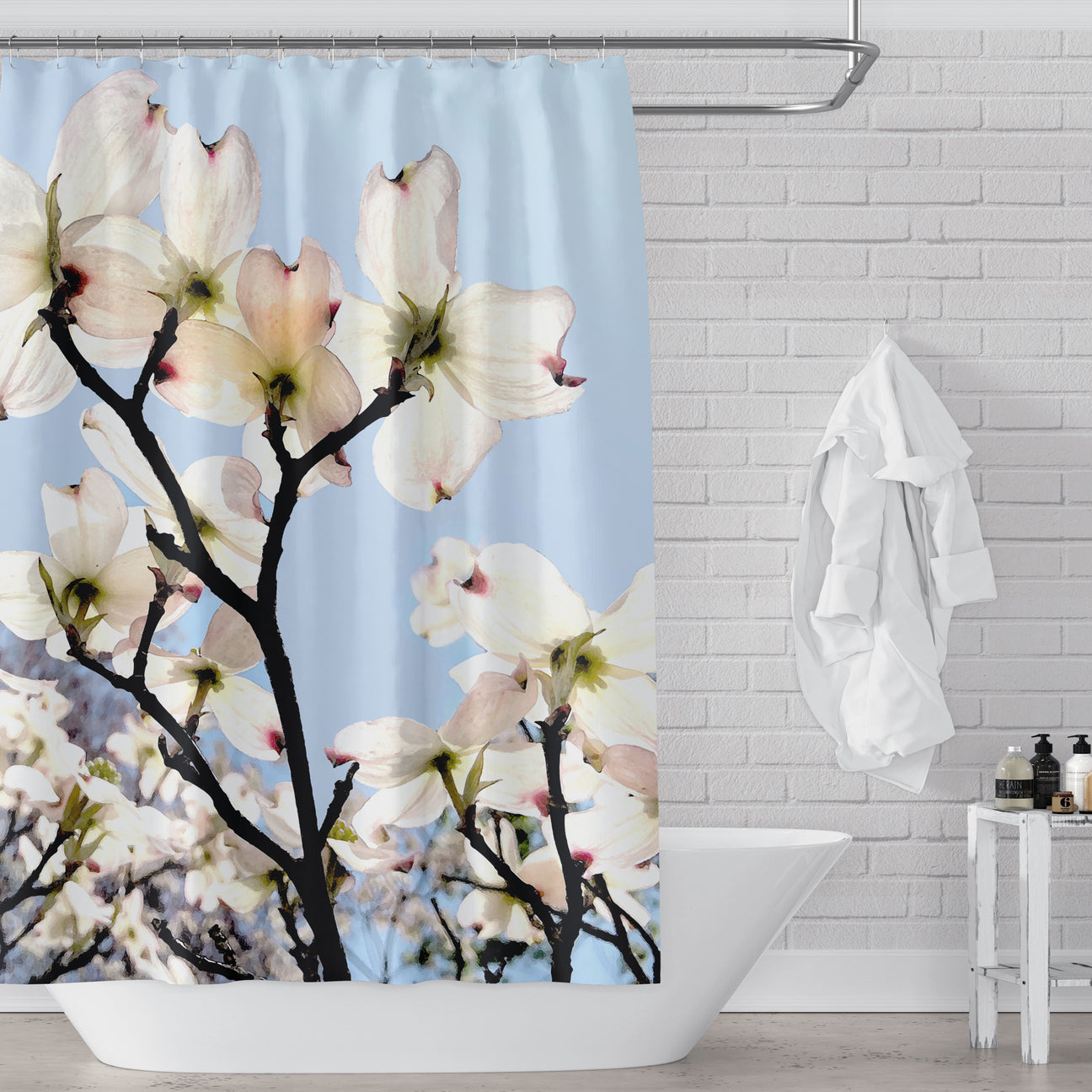Blush Pink Dogwood Flowers Shower Curtain with Clear Blue Sky