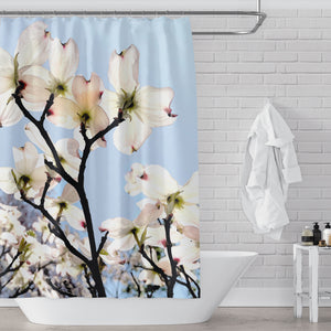 Blush Pink Dogwood Flowers Shower Curtain, With Clear Blue Sky